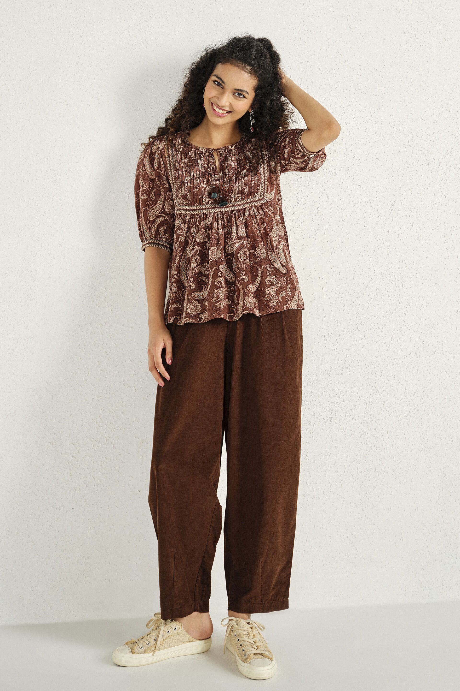 Printed Peasant Top in Brown, Brown, image 3